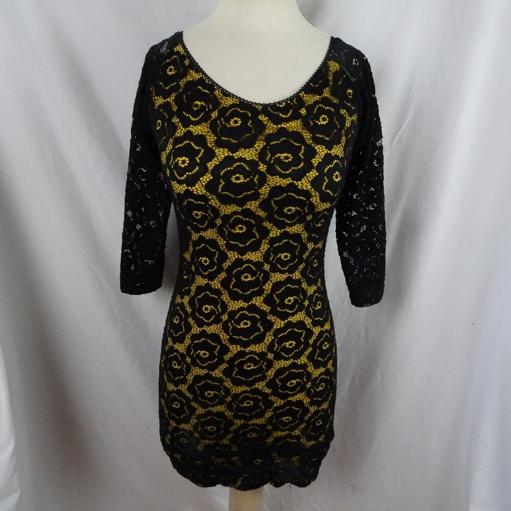 Women Yellow and Black Lace Floral Dress